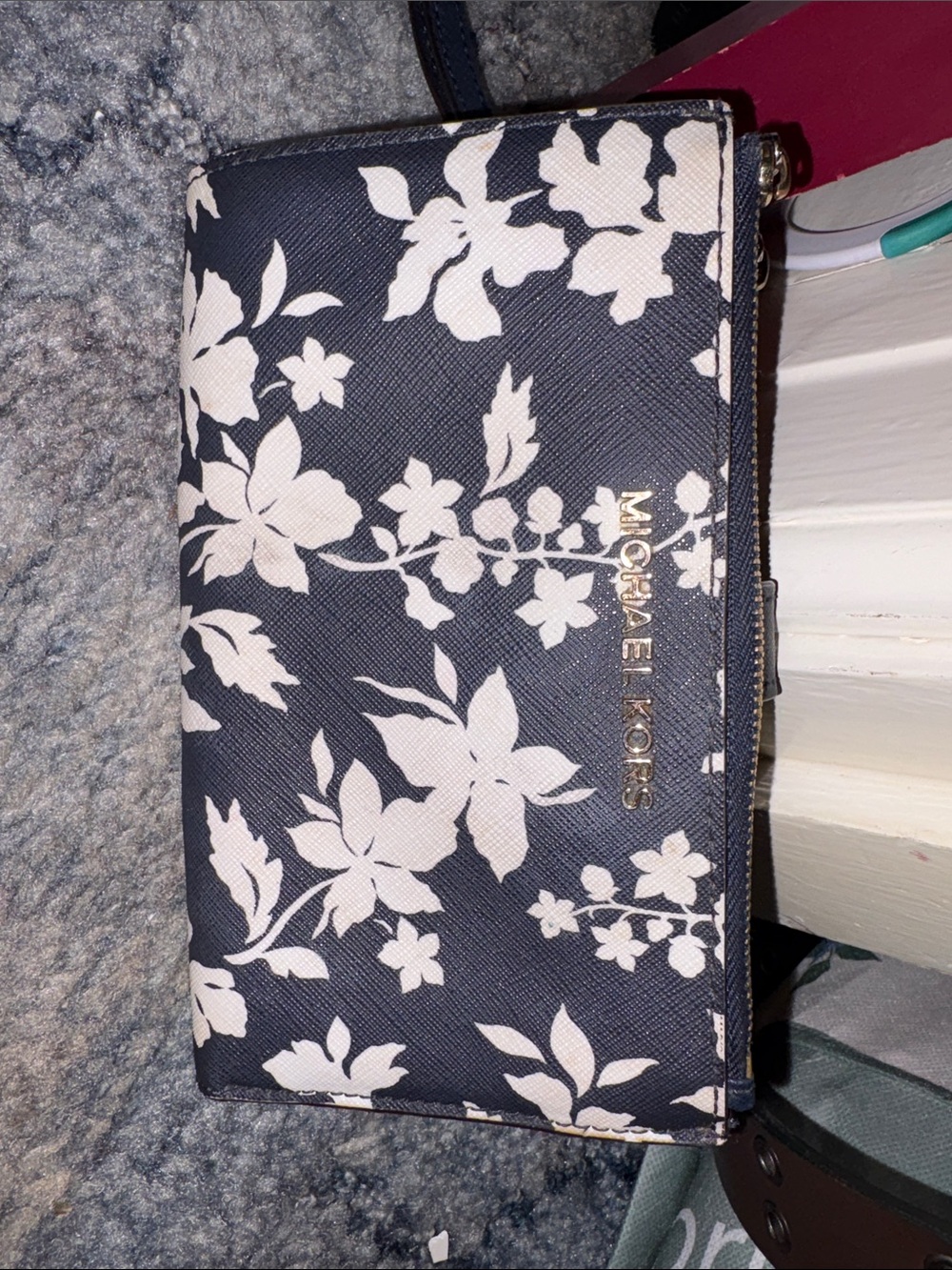 Michael Kors Navy and White Floral Wristlet Clutch